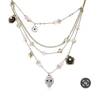Betsey Johnson Rare Girlie Grunge Crystal Skull 3 Multi Row Ilusion Necklace